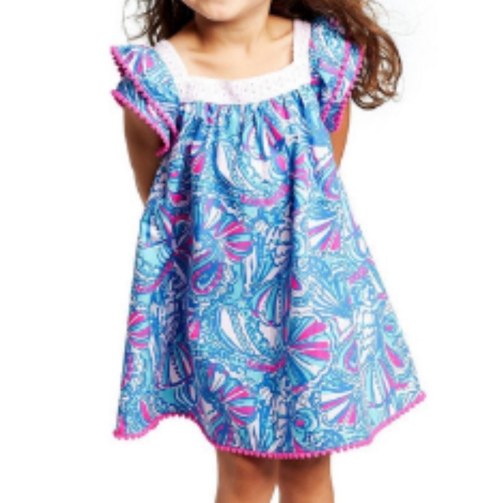 🌟LILLY PULITZER🌟 GIRLS FLORAL PRINT DRESS EYELET TRIM BLUE / PINK SZ 18M